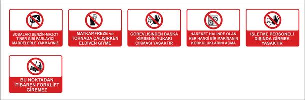 Turkish signage models, hazard sign, prohibited sign, occupational safety and health signs, warning signboard, fire emergency sign. for sticker, posters, and other material printing. easy to modify. vector.