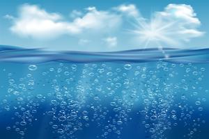 Realistic underwater background. Ocean deep water, sea under water level, sun rays blue wave horizon. Water surface 3D vector concept