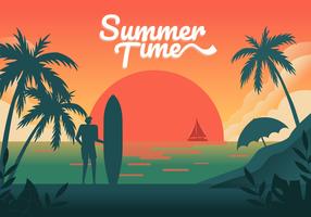 Sunset on Summer Beach background Vector Illustration