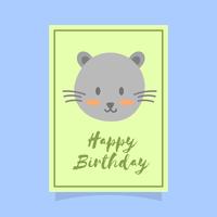 Flat Cute Cat Happy Birthday Animal Greetings Vector Template