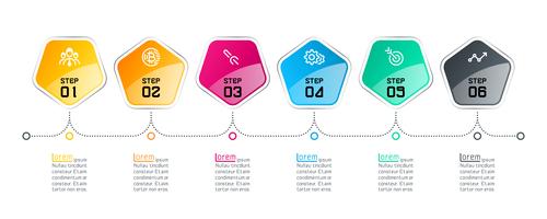Pentagons label infographic with 6 steps