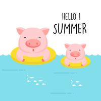 Hello summer cute pig cartoon. vector