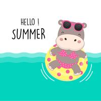 Hello summer holiday. Cute sexy hippo wear bikini and swim ring cartoon. vector