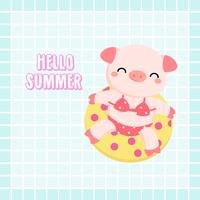 Welcome summer cute pig were bikini and swim ring cartoon.  vector