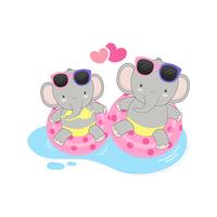 cute elephants were bikini and swim ring cartoon.  vector