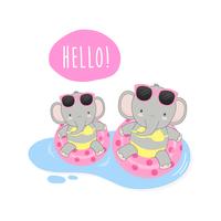 Hello summer cute elephants were bikini and swim ring cartoon.  vector