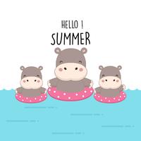 Hello summer cute hippo cartoon. vector