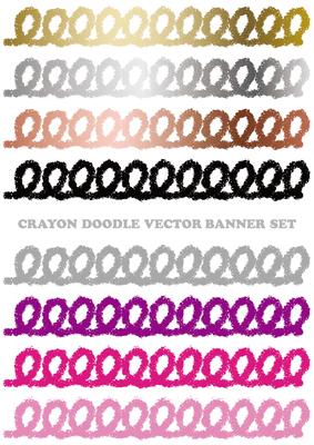 Set of colorful crayon doodle banners isolated on a white background.