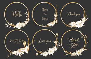 El sistema de marcos redondos de los divisores, flores dibujadas mano, composición botánica, elemento decorativo para la invitación de boda, invitaciones vector el ejemplo.