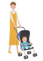 Mother with a baby in a stroller, isolated on white background.  vector