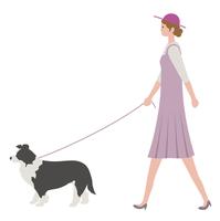 Woman walking a dog, isolated on a white background.round. vector