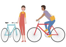 Conjunto de un hombre y una mujer con las bicicletas aisladas en un fondo blanco. vector