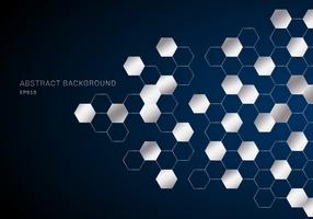 Abstract geometric hexagons pattern silver metal on dark blue background technology style. vector