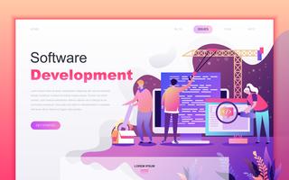 Modern flat cartoon design concept of Software Development for website and mobile app development. Landing page template. Decorated people character for web page or homepage. Vector illustration.