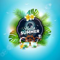 Vector Hello Summer Holiday Illustration with Typography Letter and Tropical Leaves on Ocean Blue Background. Exotic Plants, Flower, Sunglasses and Ship Steering Wheel