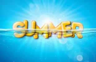 Vector Summer Illustration with 3d Typography Letter on Underwater Blue Ocean Background. Realistic Summer Vacation Holiday Design