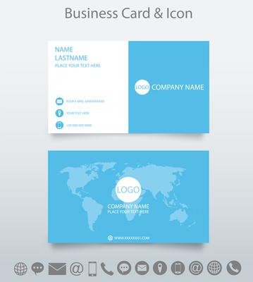 Modern creative business card template and icon. Design with World Map Business. white and blue background. Vector.