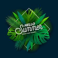 It's Summer Time Illustration with Typography Letter and Tropical Plants on Blue Background. Vector Holiday Design with Exotic Palm Leaves and Phylodendron