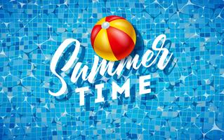 Summer Time Illustration with Beach Ball on Water in the Tiled Pool Background. Vector Summer Holiday Design Template