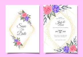 Modern Wedding Invitation Cards Template of Watercolor Floral, Golden Geometric Frame, and Sparkle. Save the Date and Greeting Card Multipurpose Design Concept vector