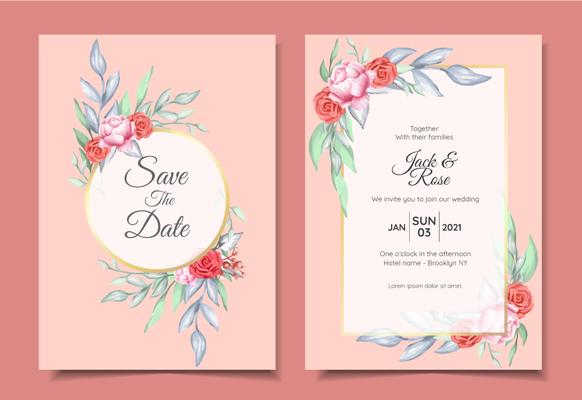 Wedding Invitation Set of Watercolor Floral Ornament and Golden Frame with Elegant Color Design Concept. Roses and Peony Flower Save the Date, Greeting, or Multi-purpose Card Template