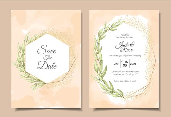 Vintage Wedding Invitation Cards wih Watercolor Background Texture, Geometric Golden Frame, and Watercolor Hand Drawing Leaves. Multi-purpose Vector Template