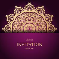 Elegant Save The Date card design. Vintage floral invitation card template. Luxury swirl mandala greeting card, gold, purple vector