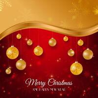 Merry Christmas golden and red background with gold Christmas balls vector