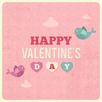 Valentine's Day retro illustration with love birds and clouds. Pink vintage valentines day card vector