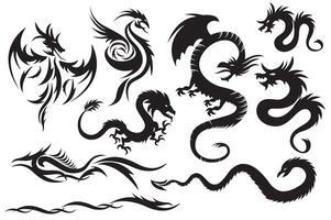 Tribal dragons. Set of the Chinese dragons, tribal tattoo vector