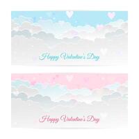 Valentine's day banners, paper art clouds, hearts. Paper art and craft style. vector