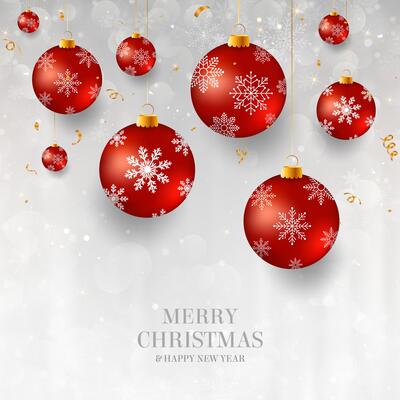 Christmas background with red Christmas baubles. Elegant light Christmas background with red evening balls