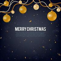 Vector illustration of merry christmas gold and black colors place for text, gold christmas balls, golden glitter baubles, pearly ball garlands and confetti