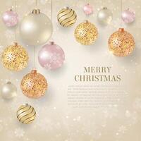 Fondo de Navidad con adornos de luz de Navidad. Elegante fondo navideño con bolas doradas y blancas. vector