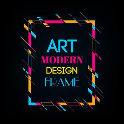 Vector frame for text Modern Art graphics. Dynamic frame with stylish  colorful abstract geometric shapes around it on a black background. Trendy neon color lines in a modern material design style.