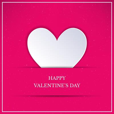 Valentines Day card with white heart. White paper art style heart on pink background