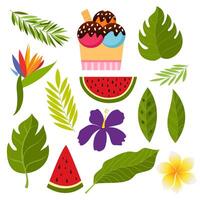 Tropical collection with exotic flowers and leaves. vector