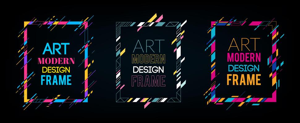 Vector frame for text Modern Art graphics. Dynamic frame with stylish  colorful abstract geometric shapes around it on a black background. Trendy neon color lines in a modern material design style.