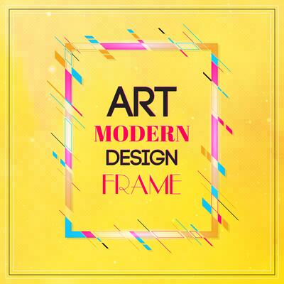 Vector frame for text Modern Art graphics. Dynamic frame with stylish  colorful abstract geometric shapes around it on a yellow background. Trendy neon color lines in a modern design style.