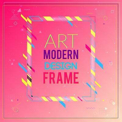 Vector frame for text Modern Art graphics. Dynamic frame with stylish  colorful abstract geometric shapes around it on a pink gradient background. Trendy neon color lines in a modern design style.