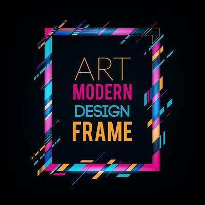 Vector frame for text Modern Art graphics. Dynamic frame with stylish  colorful abstract geometric shapes around it on a black background. Trendy neon color lines in a modern material design style.