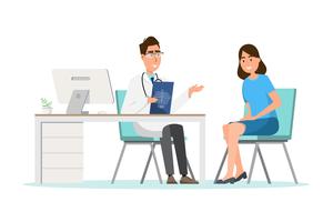 Medical concept. doctor with woman patient in flat cartoon on hospital hall vector