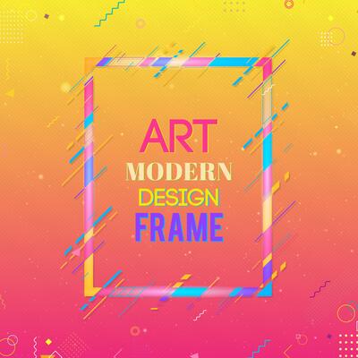 Vector frame for text Modern Art graphics. Dynamic frame with stylish  colorful abstract geometric shapes around it on a gradient background. Trendy neon color lines in a modern design style.