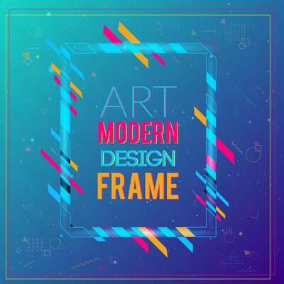 Vector frame for text Modern Art graphics. Dynamic frame with stylish  colorful abstract geometric shapes around it on a gradient background. Trendy neon color lines in a modern design style.