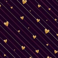 Gold glittering heart confetti seamless pattern on striped background vector
