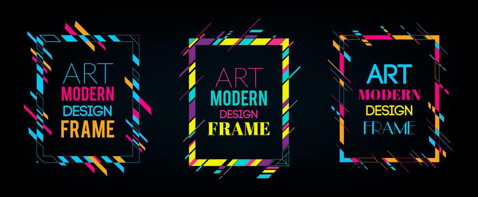 Vector frame for text Modern Art graphics. Dynamic frame with stylish  colorful abstract geometric shapes around it on a black background. Trendy neon color lines in a modern material design style.