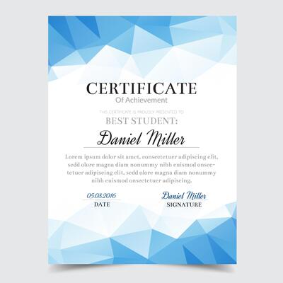 Certificate template with blue geometric elegant design, Diploma design graduation, award, success.