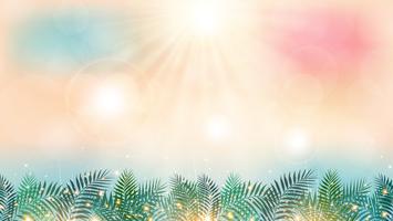 Summer season time on the beach with sunshine day and green palm leaves lighting effect background.  vector