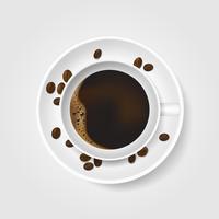 Taza de café blanca realista con espuma y granos de café en el fondo blanco. Vista superior. vector