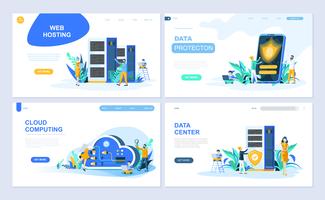 Conjunto de plantillas de página de destino para alojamiento, protección de datos, centro de datos, computación en la nube. Los conceptos planos modernos del ejemplo del vector adornaron el carácter de la gente para el sitio web y el desarrollo del sitio 